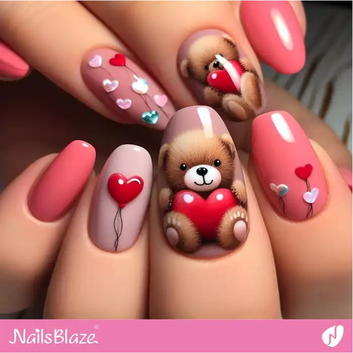 Cute Valentine Teddy Bear with Hearts | Valentine Nails - NB2389